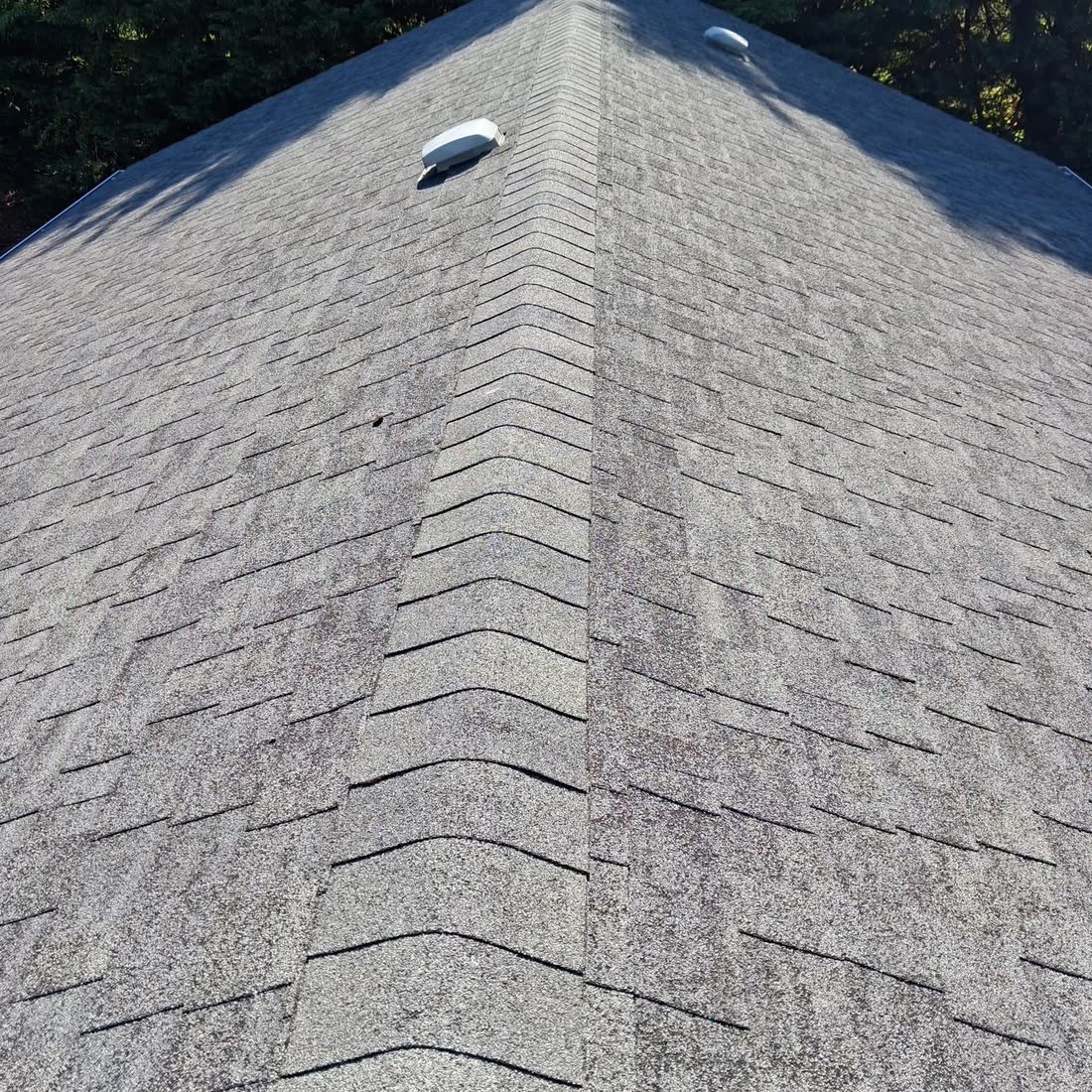 A clean grey shingle roof and ridge after a roof cleaning.