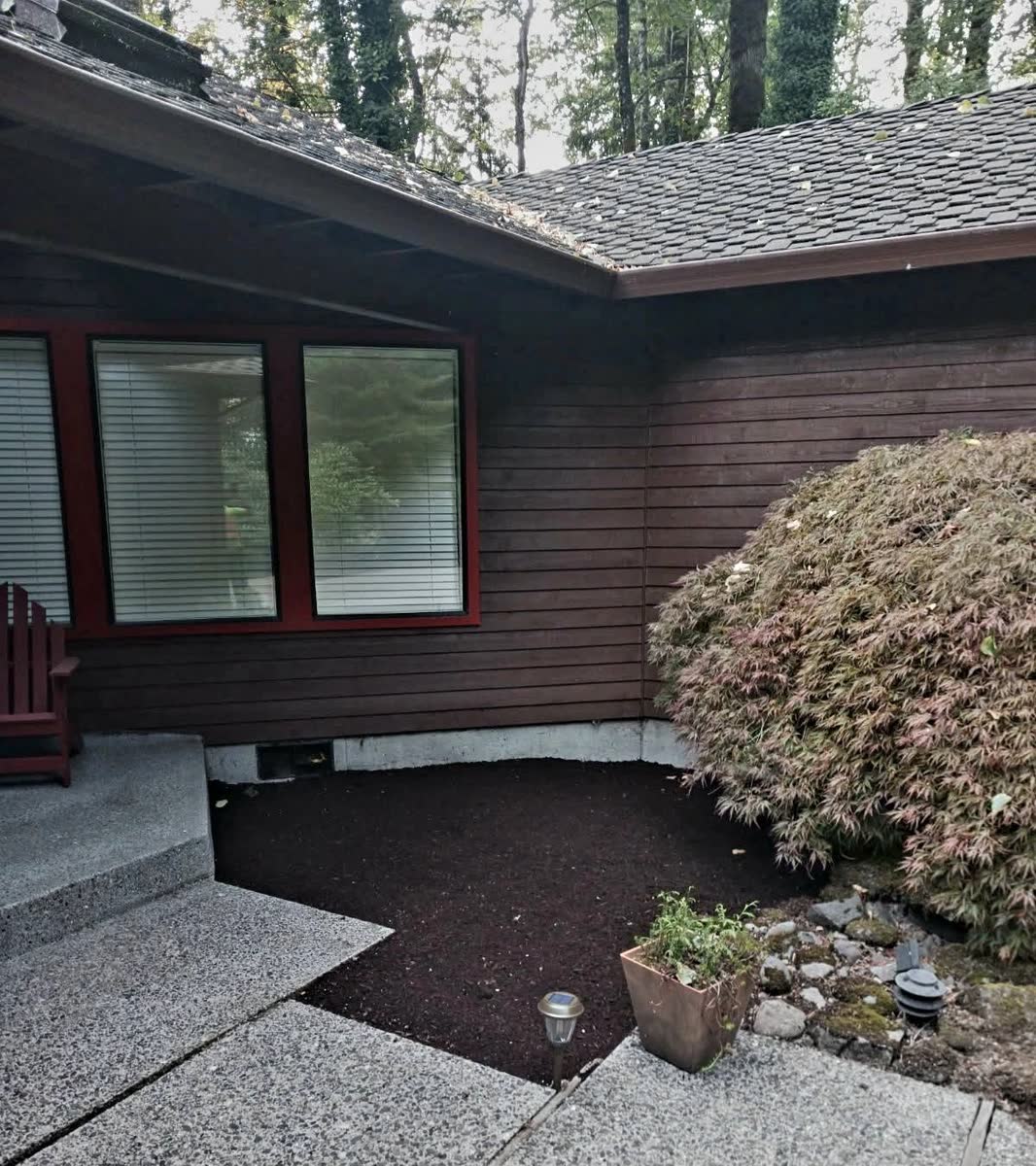Fresh bark around shrubs at the entry of a wood-sided house.