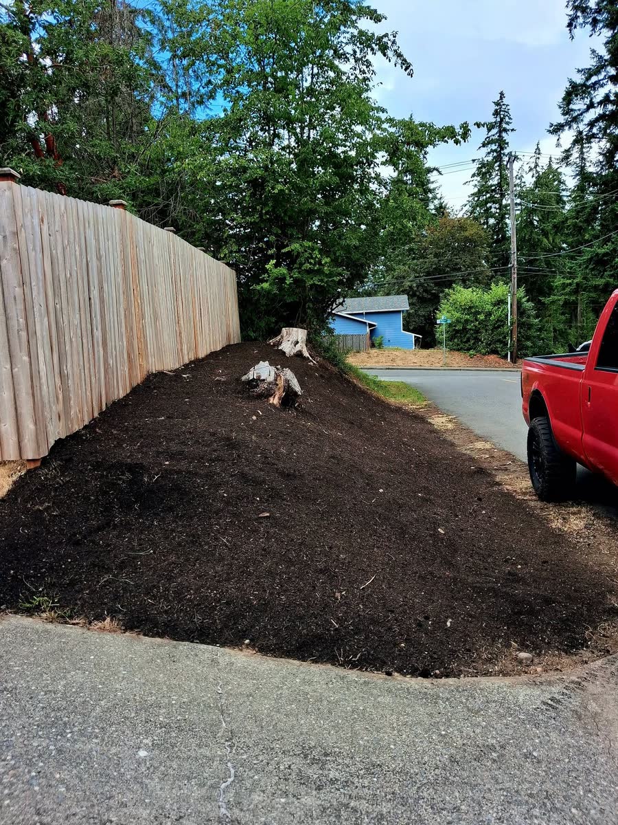 A slope covered in fresh dark mulch beside a new wooden fence.