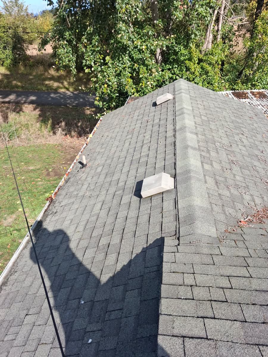 A clean shingle roof with a vent, seen from the ridge.